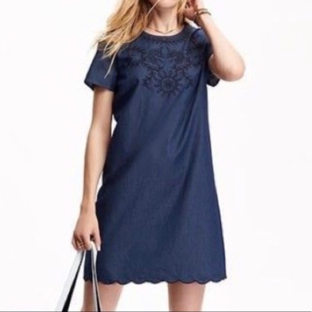 NWT Old Navy Denim Dress Embroidered Scalloped Hem